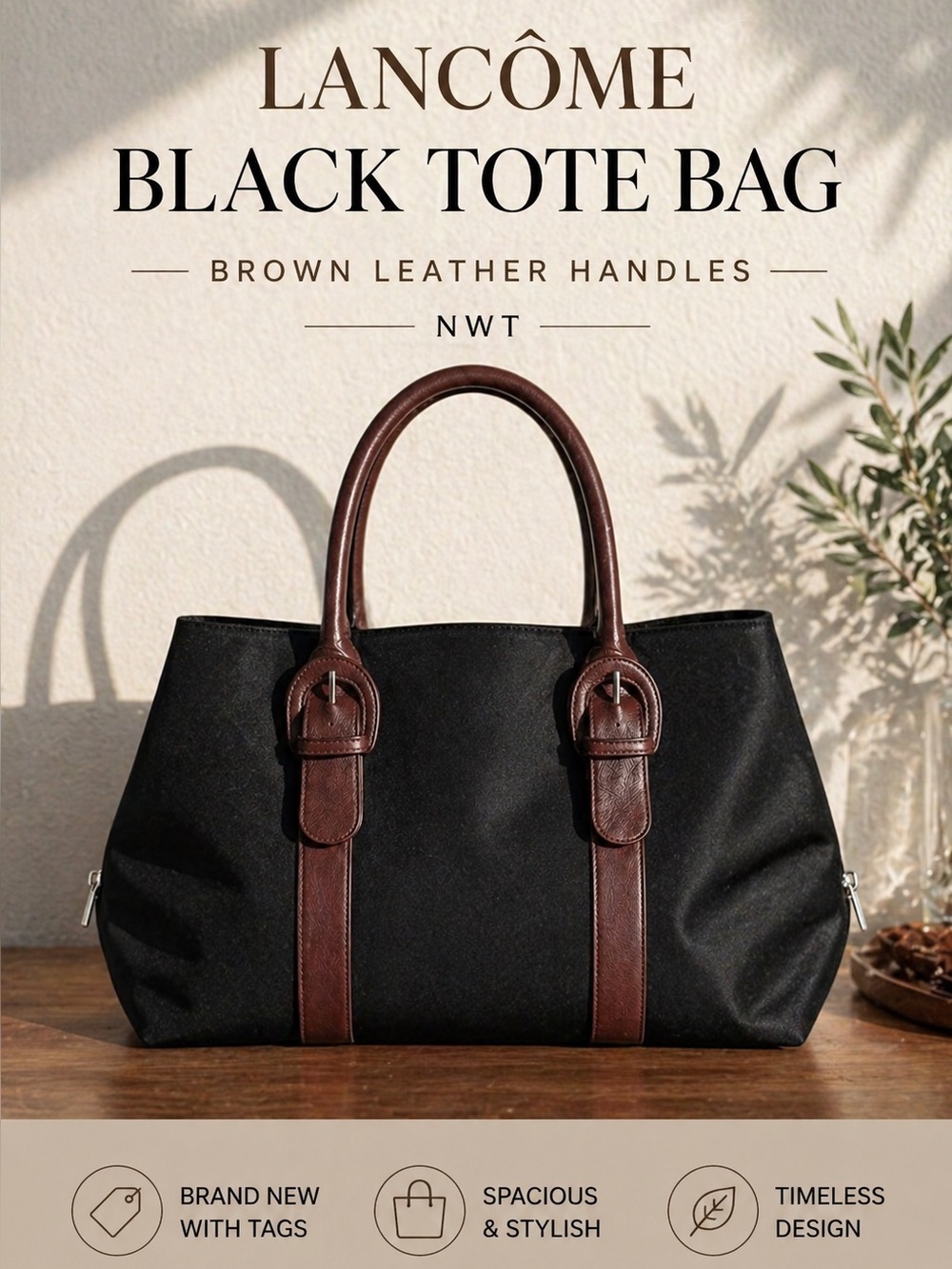 Lancôme Black Tote Bag – Brown Leather Handles – NWT